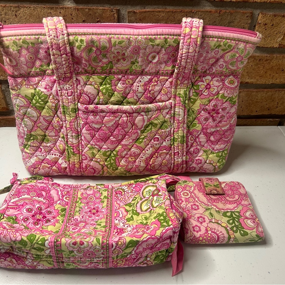 Vera Bradley Petal Pink Shoulder Bag, Small Wallet, and Make Up Bag Set